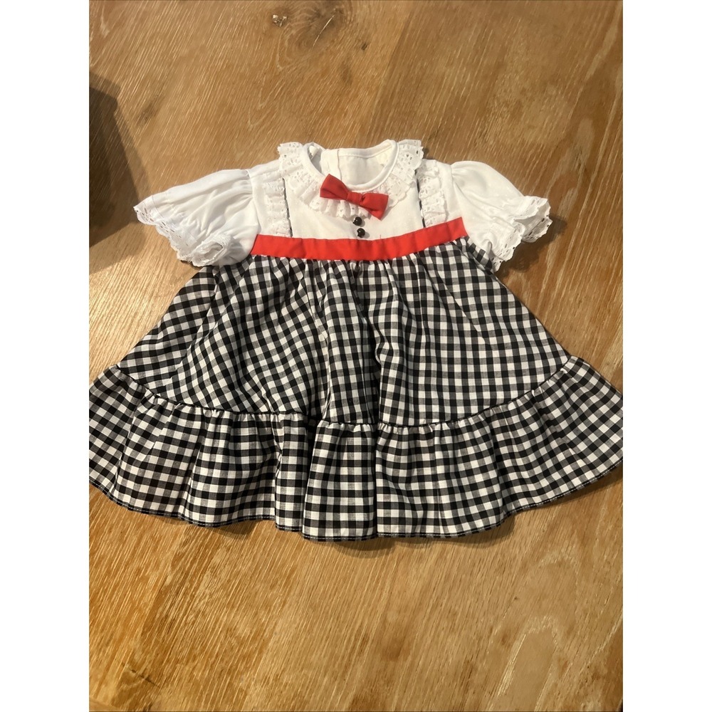 Vintage Roanna Baby Girl Gingham Dress Ruffle Red Bow Lace 12M Black White USA